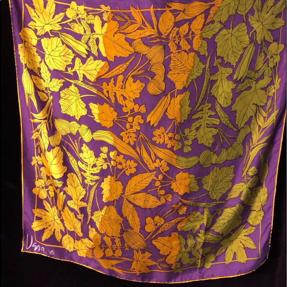 Vera silk scarf, 27” square, purple with gold leaves
